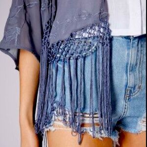 NAVY BLUE ORIENTAL FLORAL FRINGE BOHO KIMONO BEACHY COVERUP 🌊🌊🌊